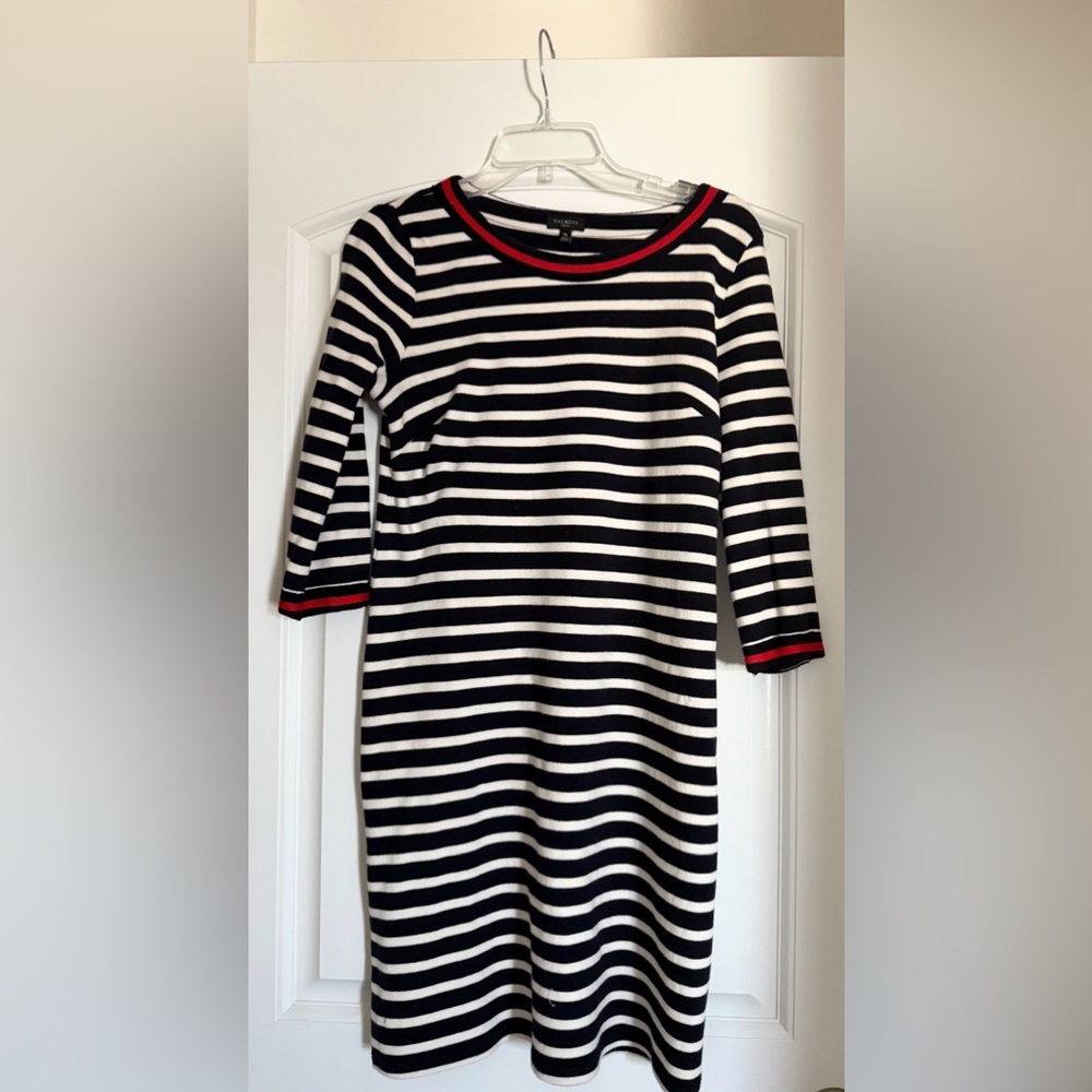 Talbots Black and White Striped Dress with Red Accents